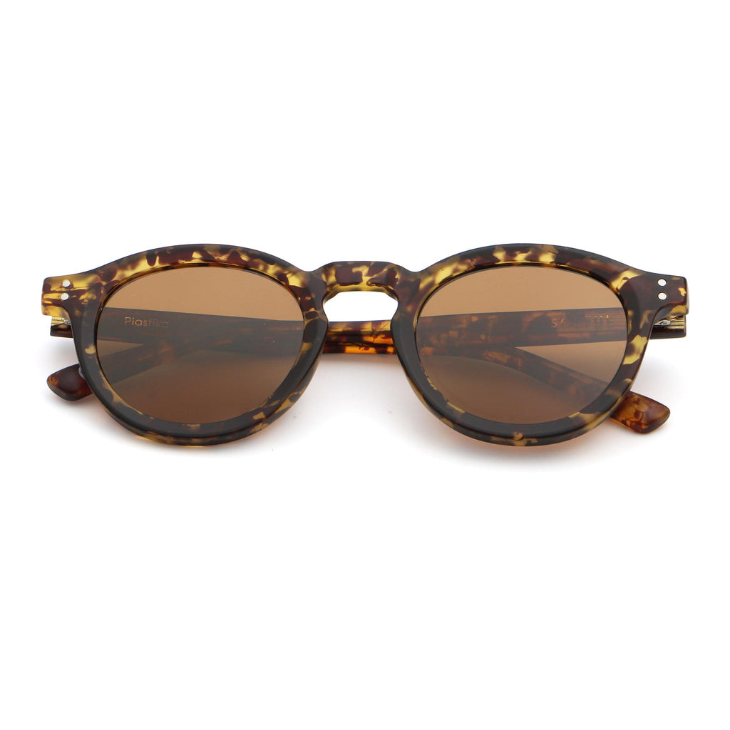 PLASTIKA sunglasses, tortoise frame with earth brown lens, folded