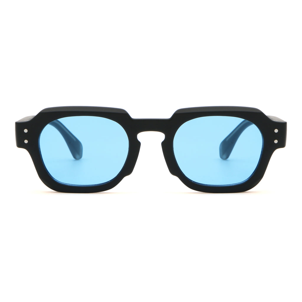 Roundish sunglasses with a black frame and blue lenses, branded by SOLFUL Sunglasses.