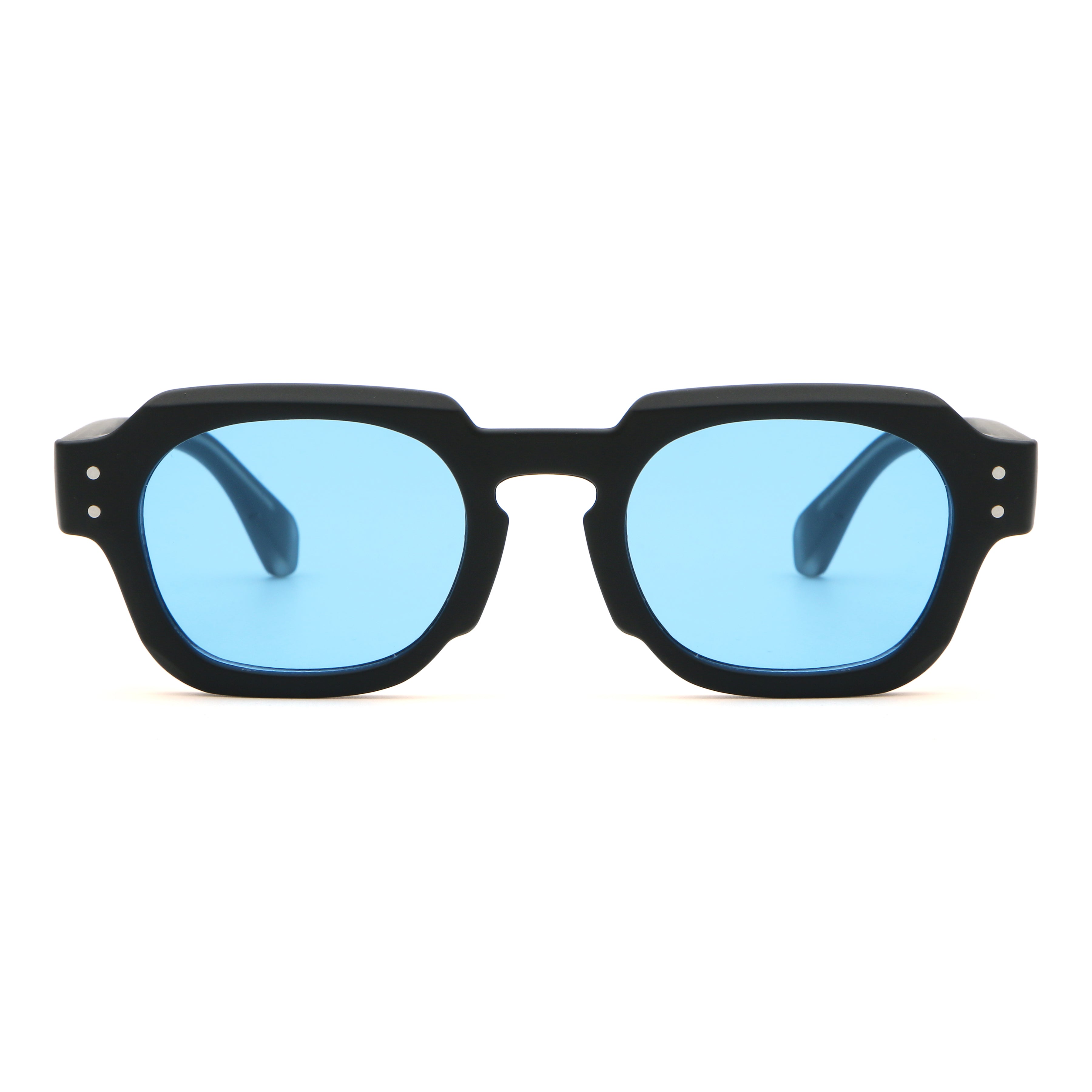Roundish sunglasses with a black frame and blue lenses, branded by SOLFUL Sunglasses.
