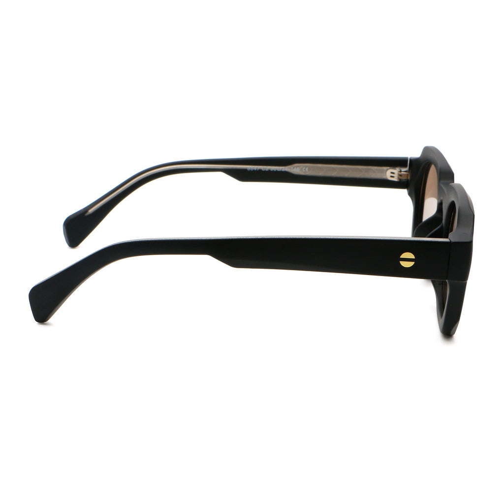 Black sunglasses with brown lenses on a white background.