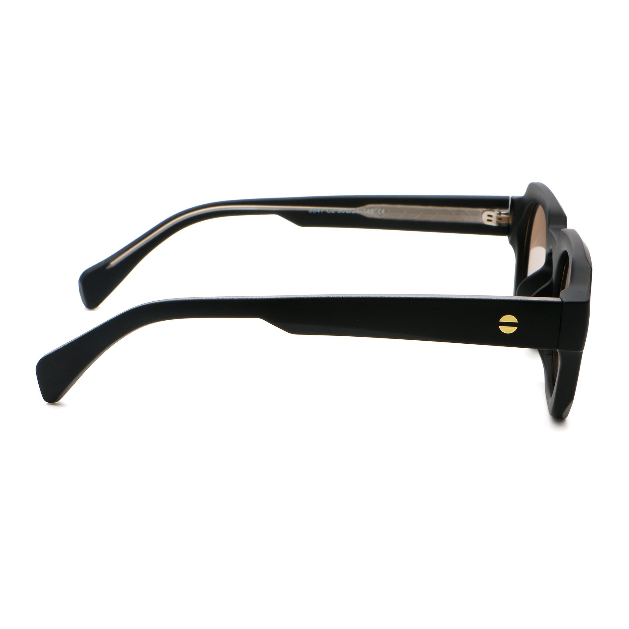 Black sunglasses with brown lenses on a white background.