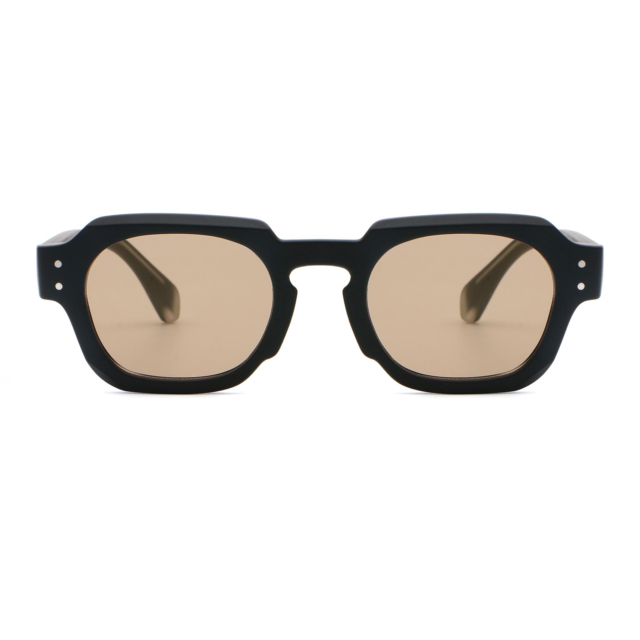 Black sunglasses with brown lenses on a white background