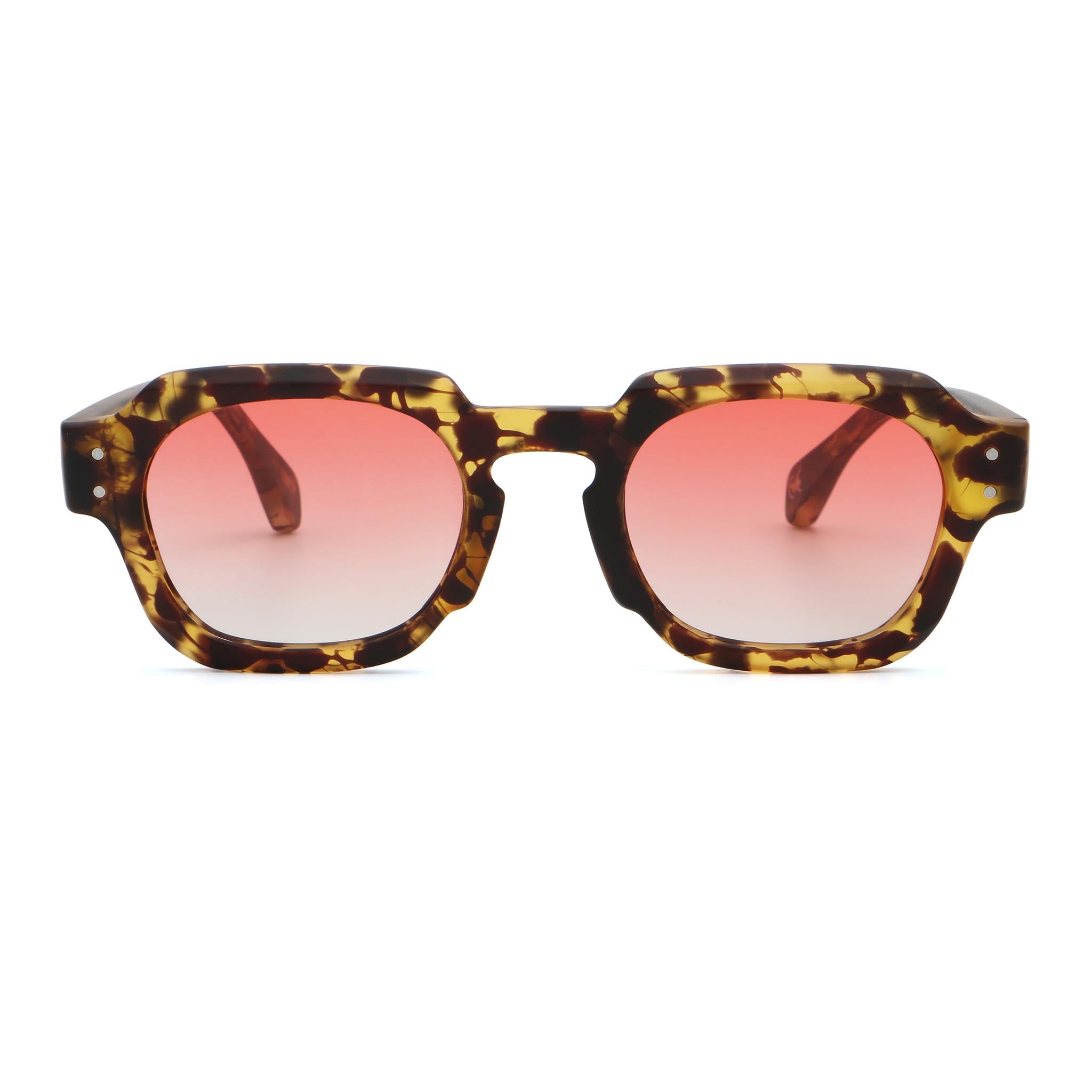 Sunglasses with tortoiseshell frame and red lenses on a white background Main image