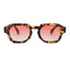 Sunglasses with tortoiseshell frame and red lenses on a white background