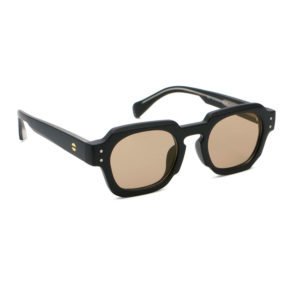 Black sunglasses with brown lenses on a white background.