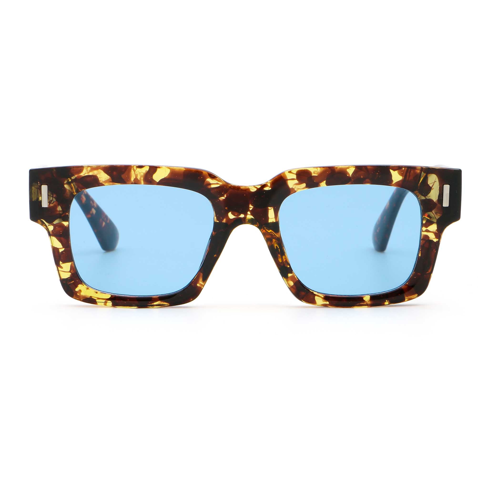 Sunglasses with tortoiseshell frame and blue lenses on a white background Main image