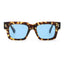 Sunglasses with tortoiseshell frame and blue lenses on a white background