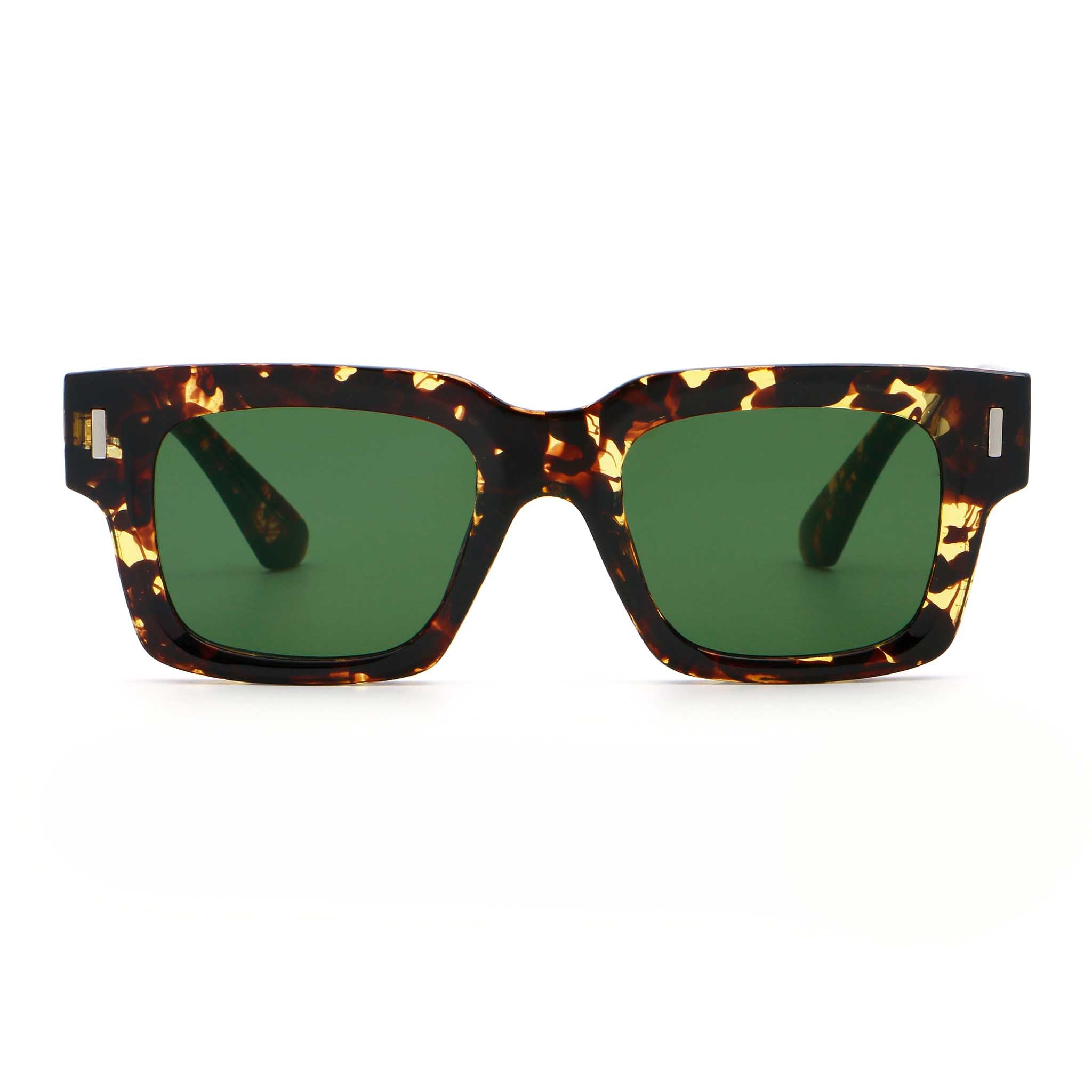 Sunglasses with tortoiseshell frame and green lenses on a white background Main image