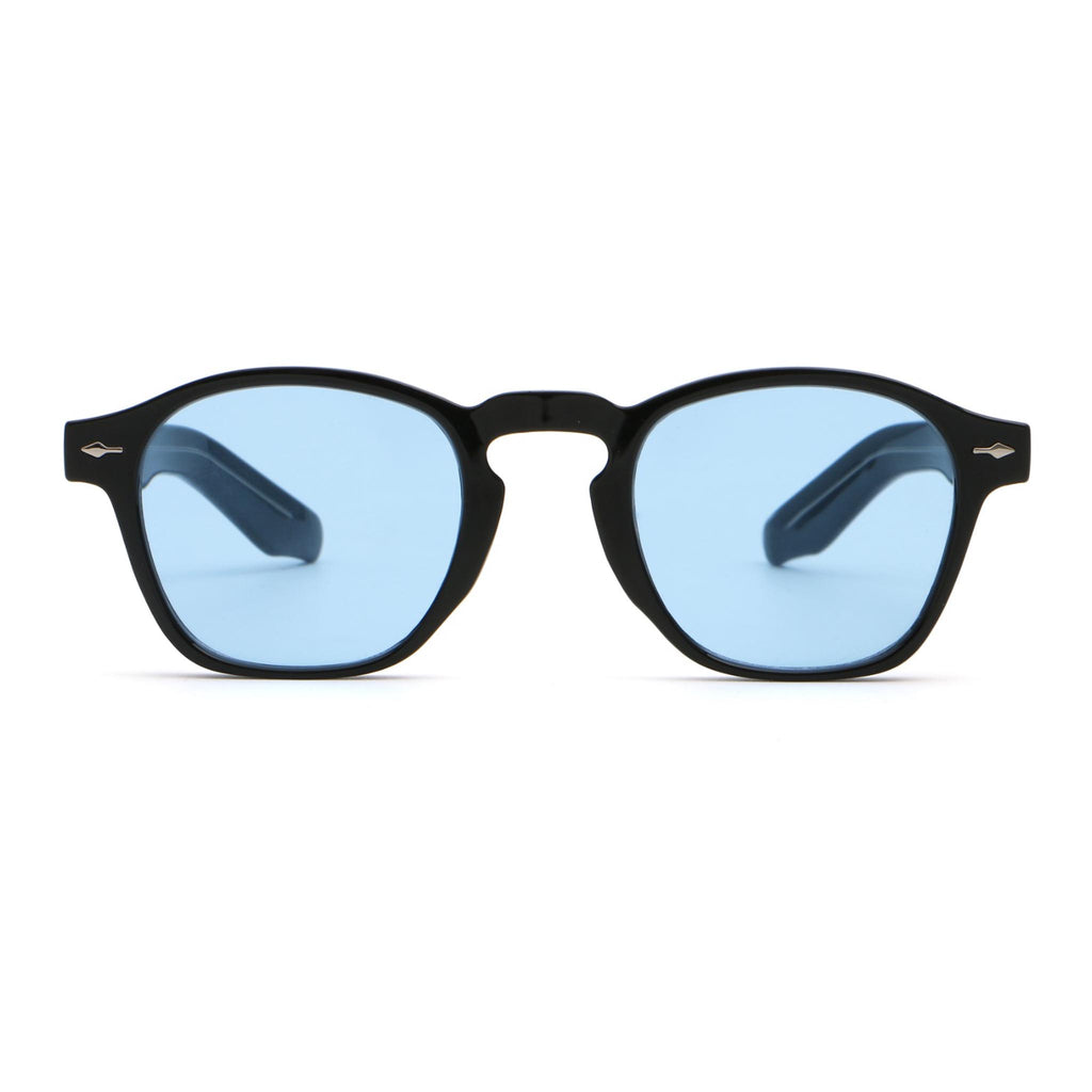 Black-framed sunglasses with blue lenses on a white background