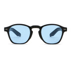 Black-framed sunglasses with blue lenses on a white background