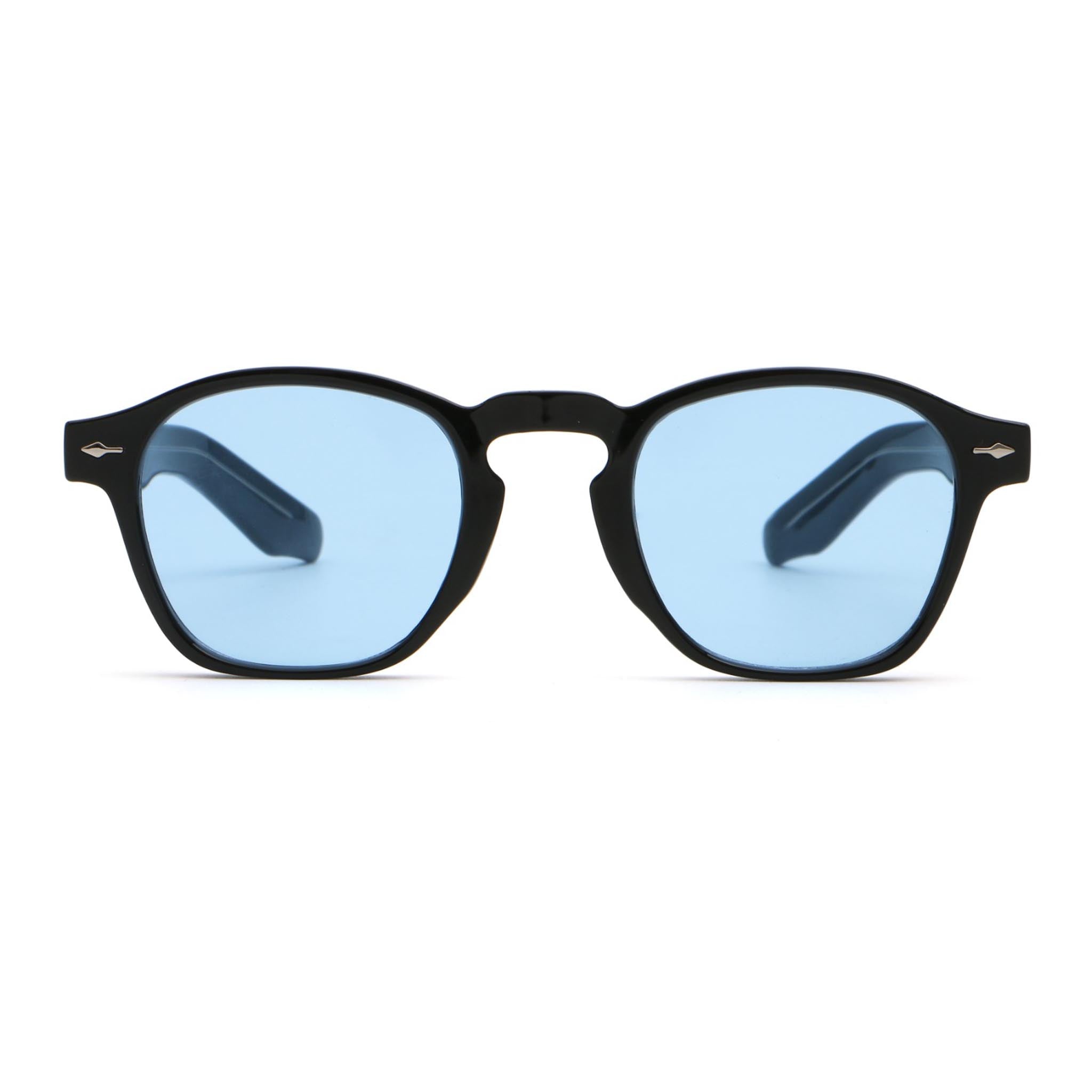 Black-framed sunglasses with blue lenses on a white background