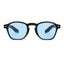 Black-framed sunglasses with blue lenses on a white background