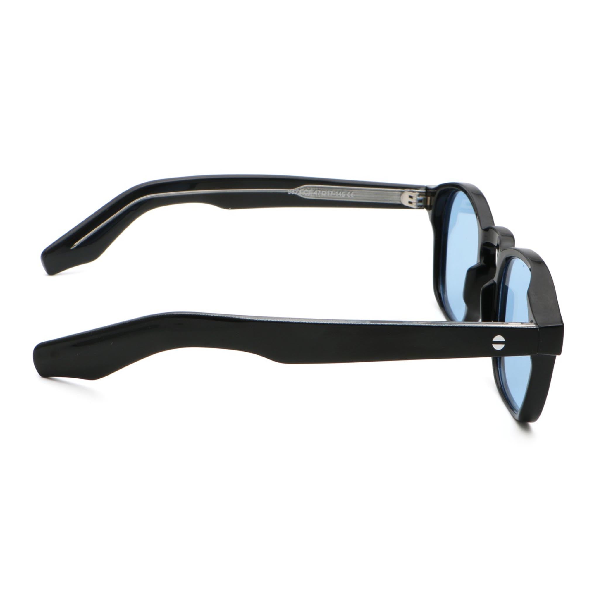 Black sunglasses with blue lenses on a white background