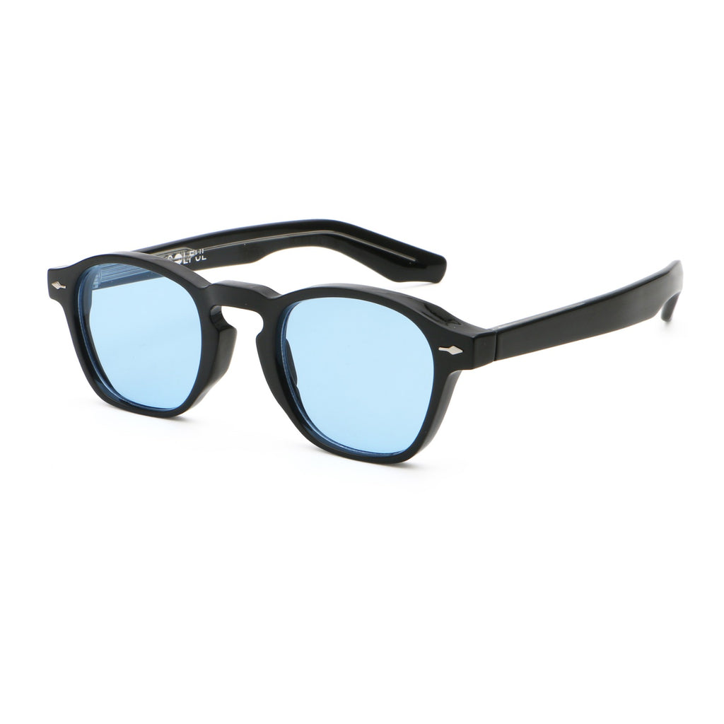 TWILIGHT sunglasses, black frame with sky blue lens, three-quarter view