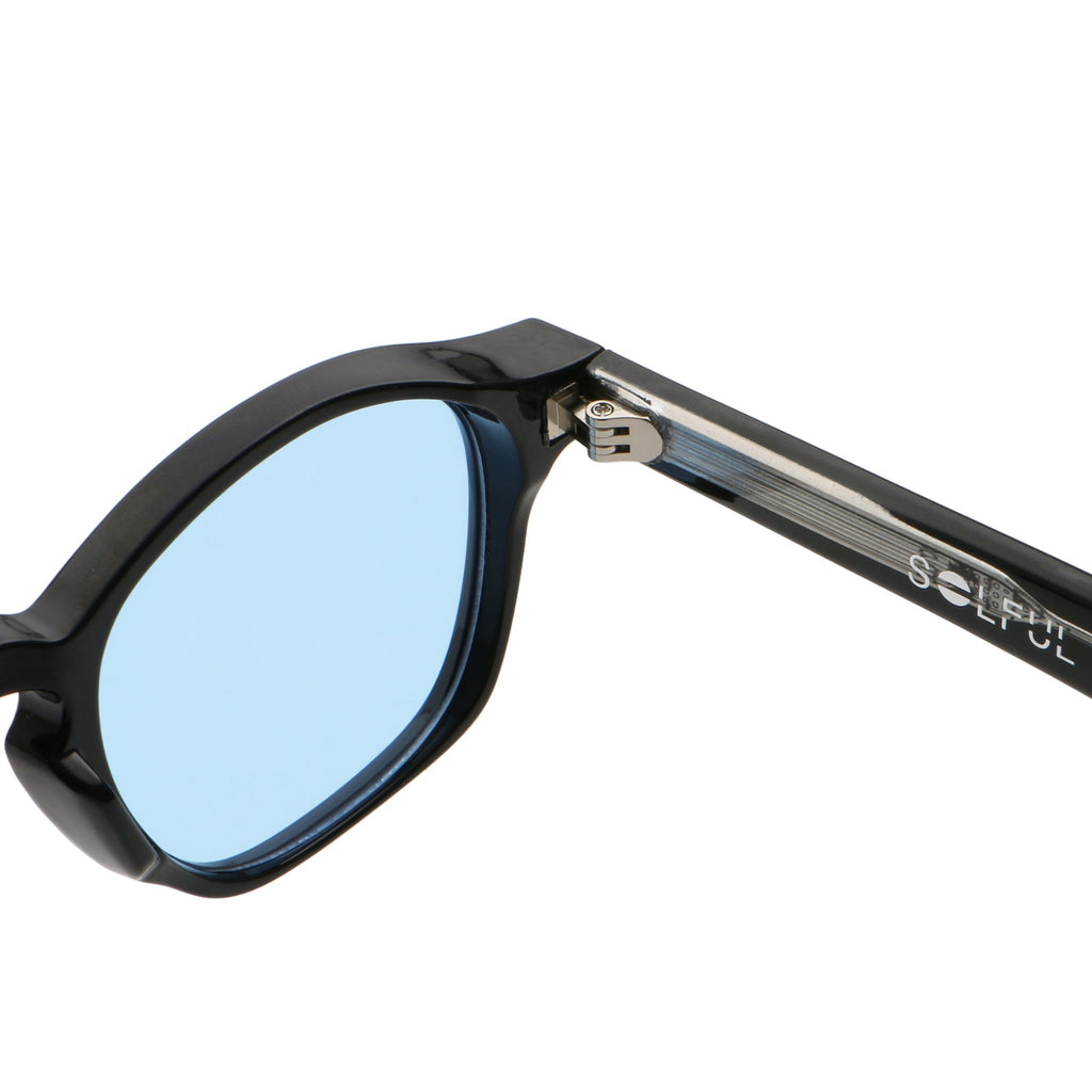 TWILIGHT sunglasses, black frame with sky blue lens, hinge detail