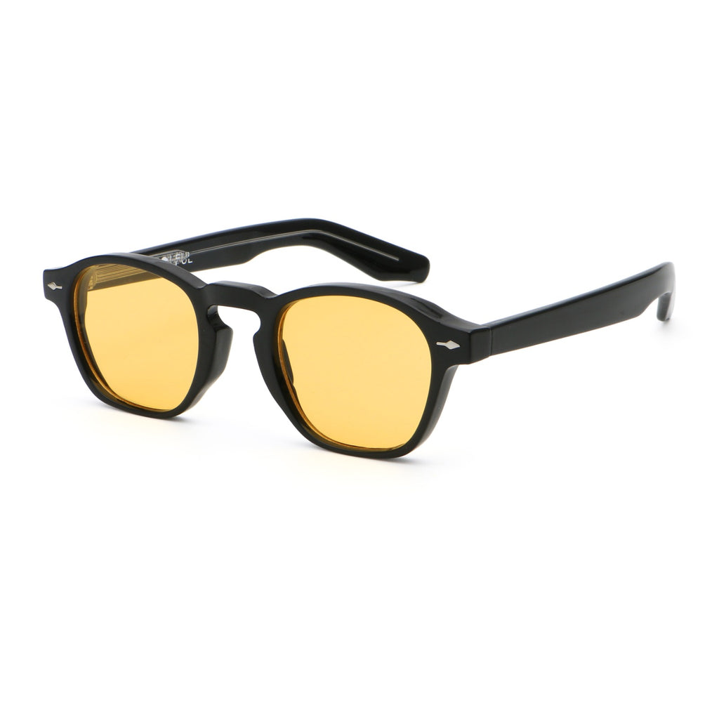 TWILIGHT sunglasses, black frame with yellow sun lens, three-quarter view