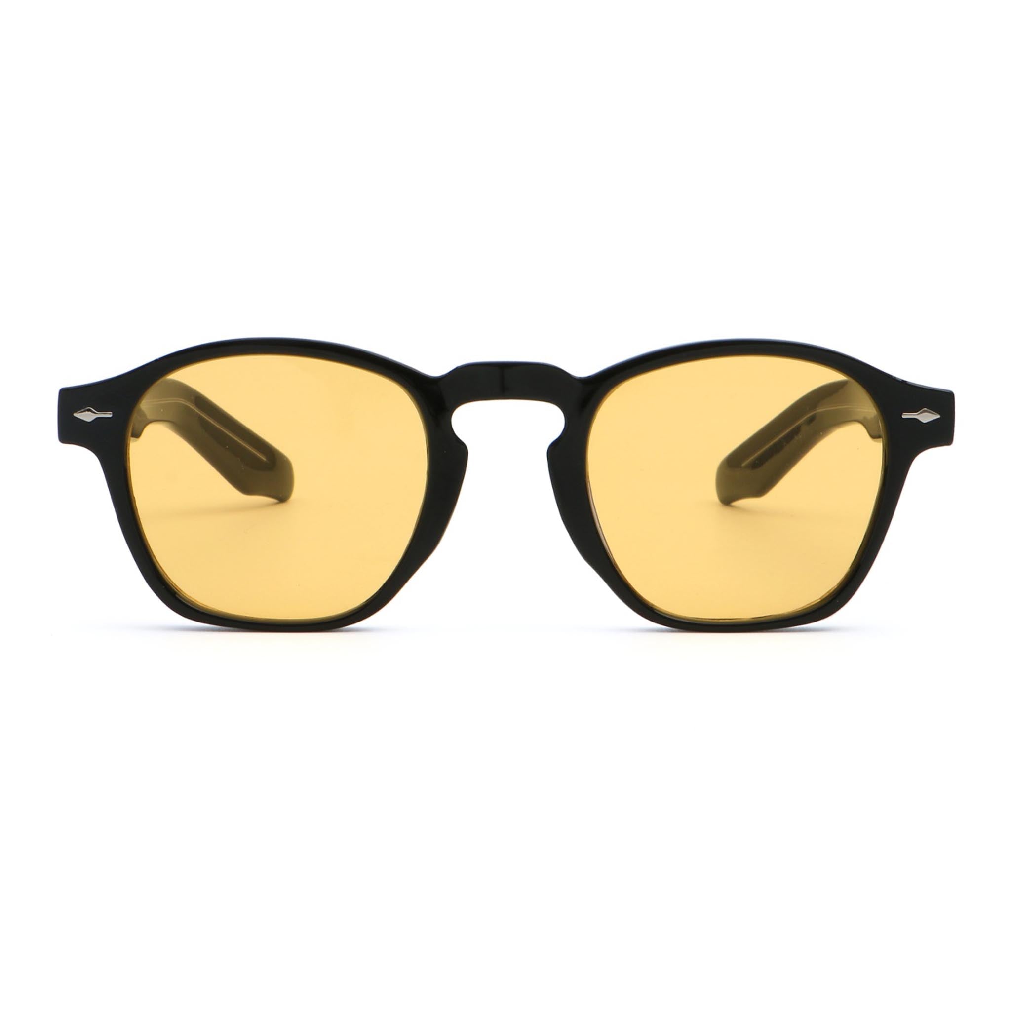 Sunglasses with yellow lenses and black frames on a white background