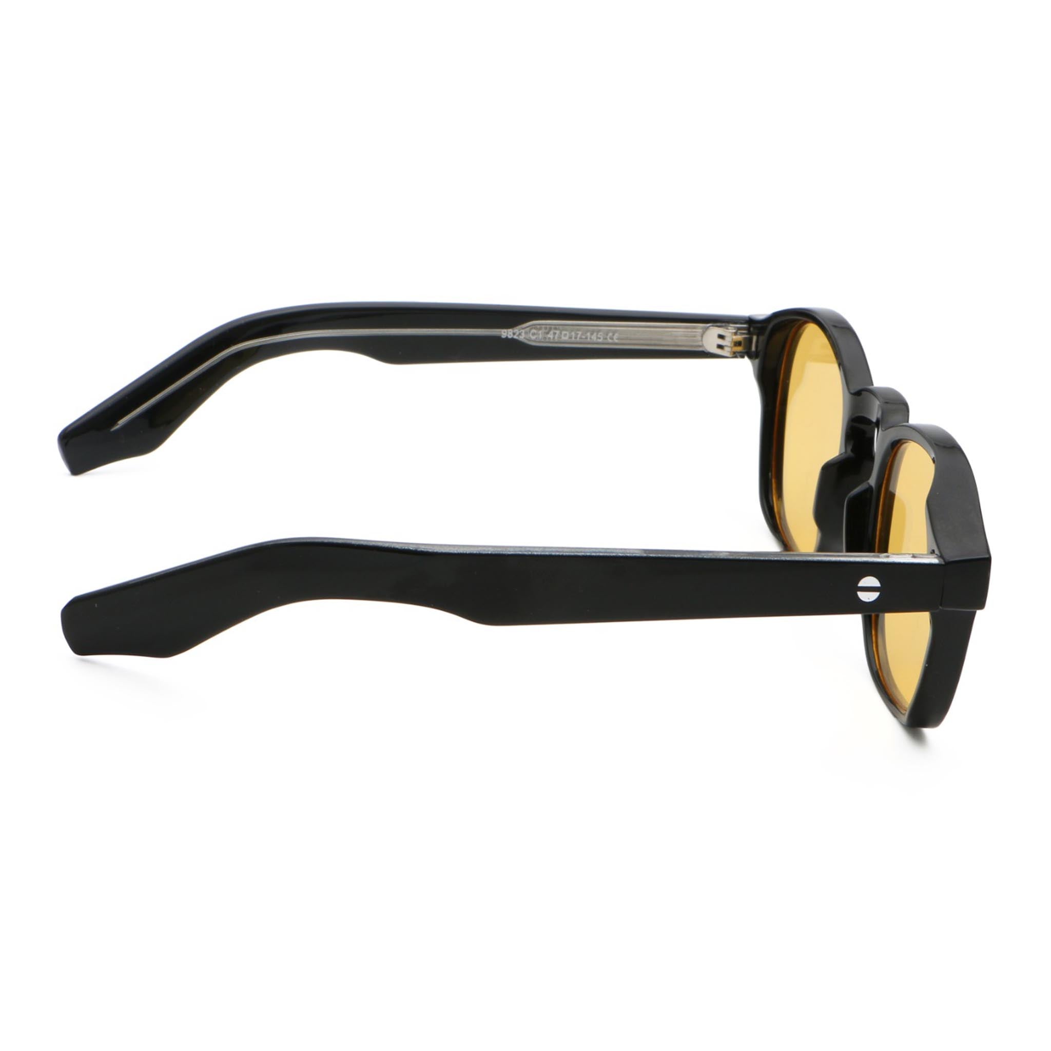 Black-framed sunglasses with yellow-tinted lenses on a white background