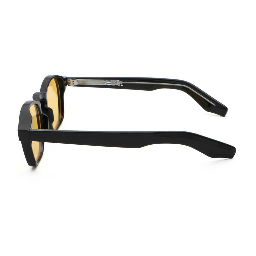 TWILIGHT sunglasses, black frame with yellow sun lens, side view