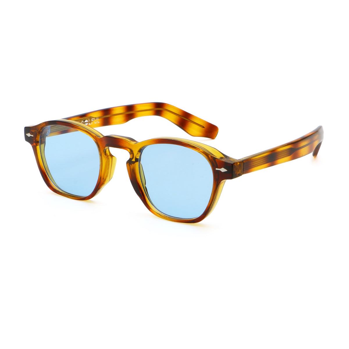 TWILIGHT sunglasses, tortoise frame with sky blue lens, three-quarter view
