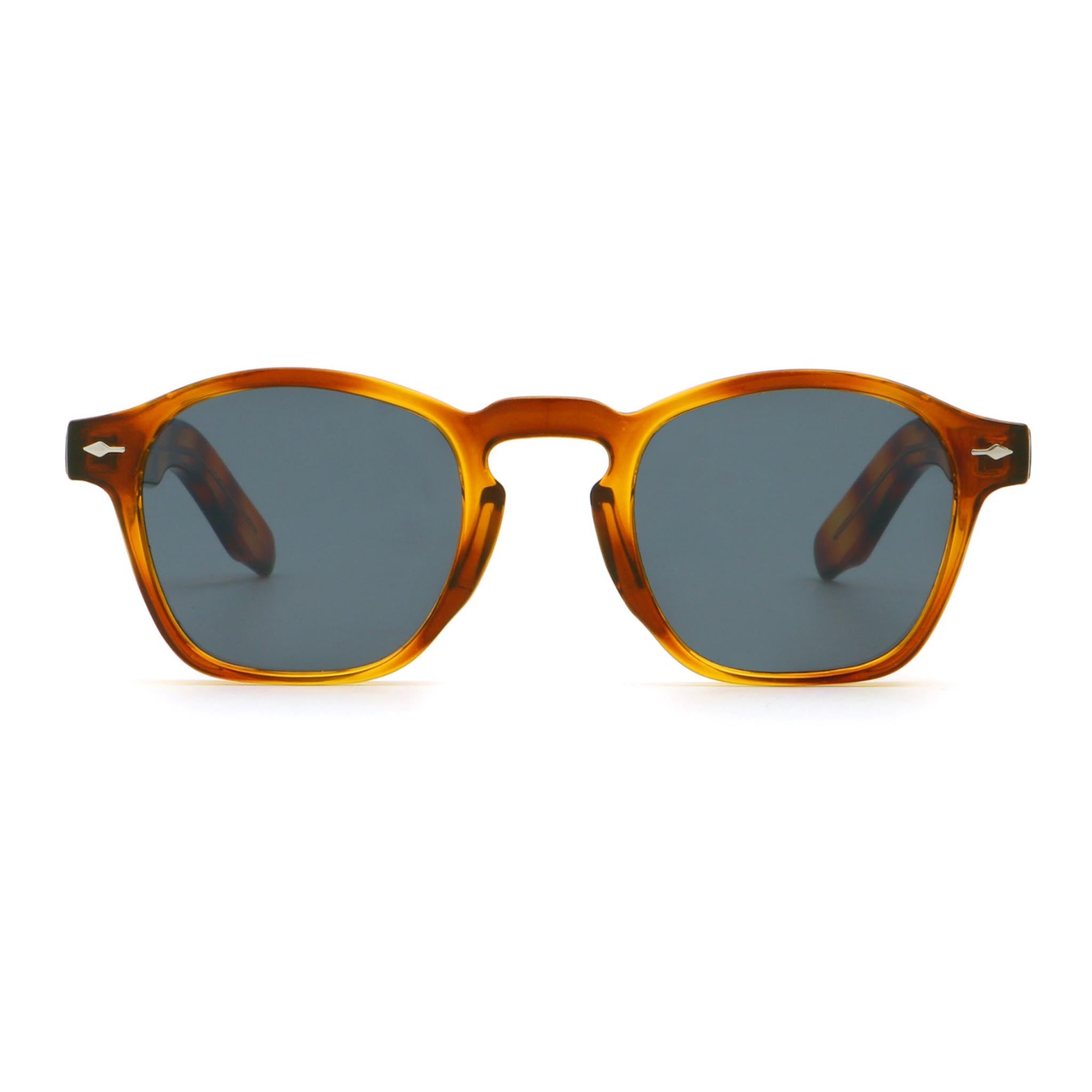 Sunglasses with tortoiseshell frame and dark lenses on a white background