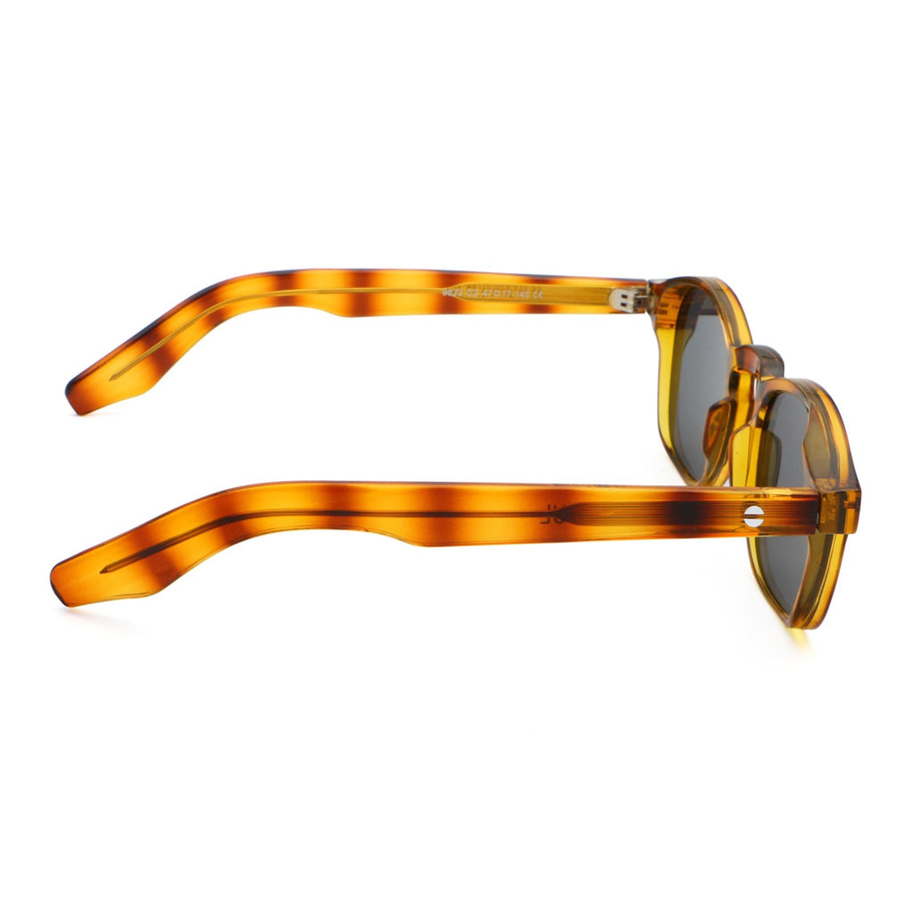 Sunglasses with tortoiseshell frame and dark lenses on a white background