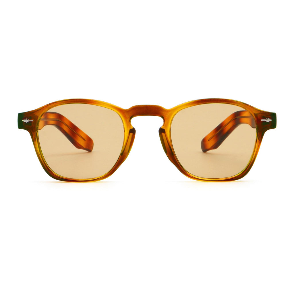 Sunglasses with tortoiseshell frame and brown lenses on a white background