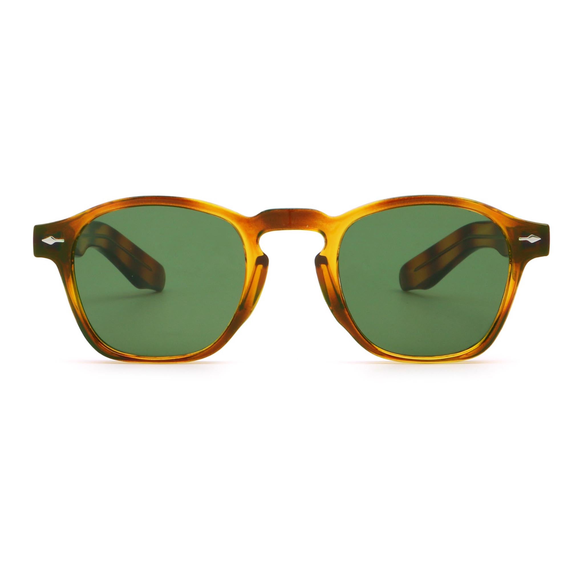 Sunglasses with tortoiseshell frame and green lenses on a white background
