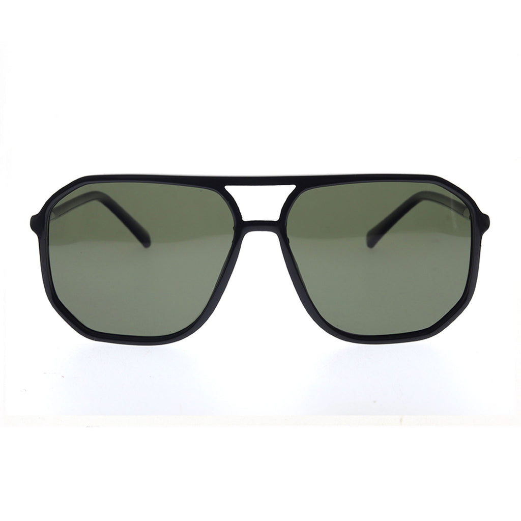 Black sunglasses with green lenses on a white background