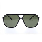 Black sunglasses with green lenses on a white background