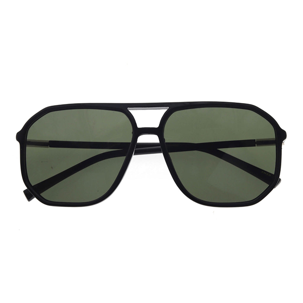 Black sunglasses with green lenses on a white background