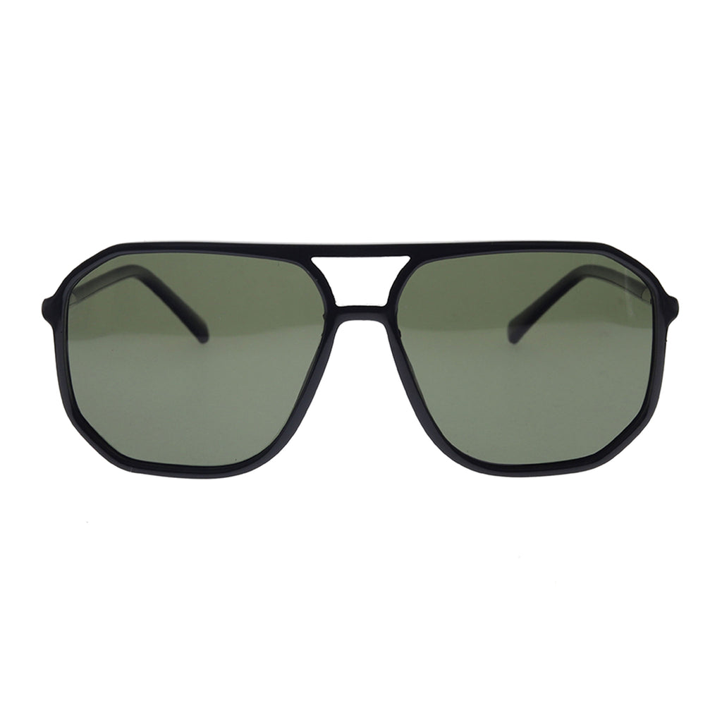 Black sunglasses with green lenses on a white background