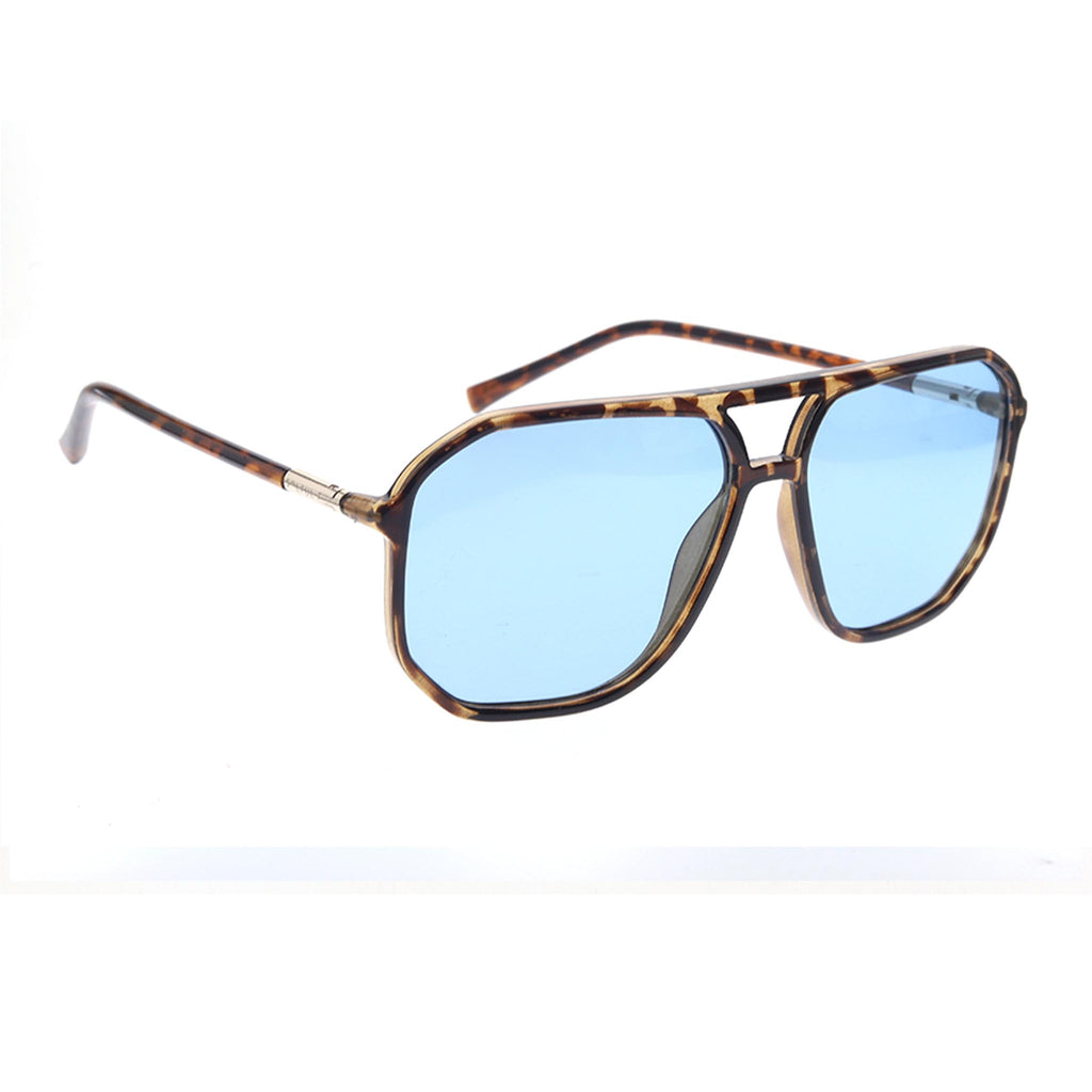 Sunglasses with tortoiseshell frame and blue lenses on a white background