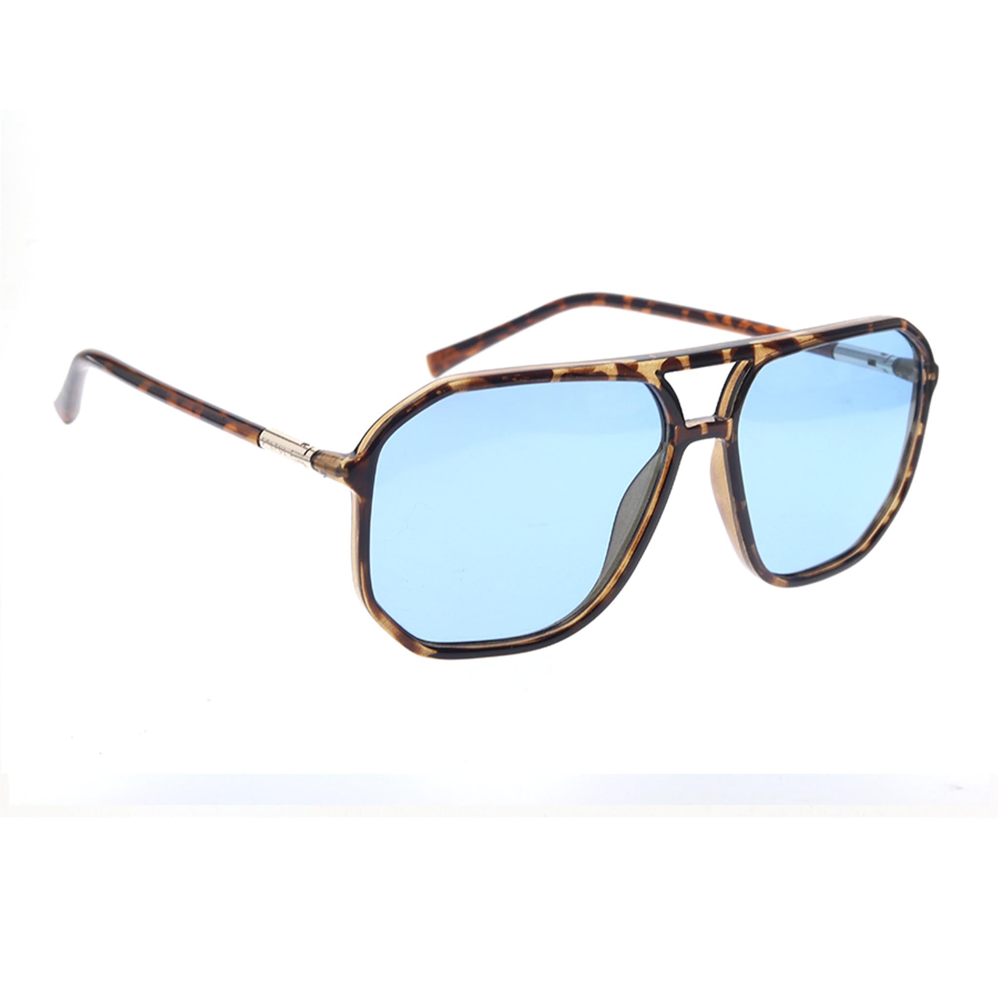 Sunglasses with tortoiseshell frame and blue lenses on a white background