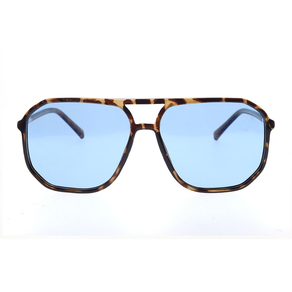 Sunglasses with tortoiseshell frame and blue lenses on a white background