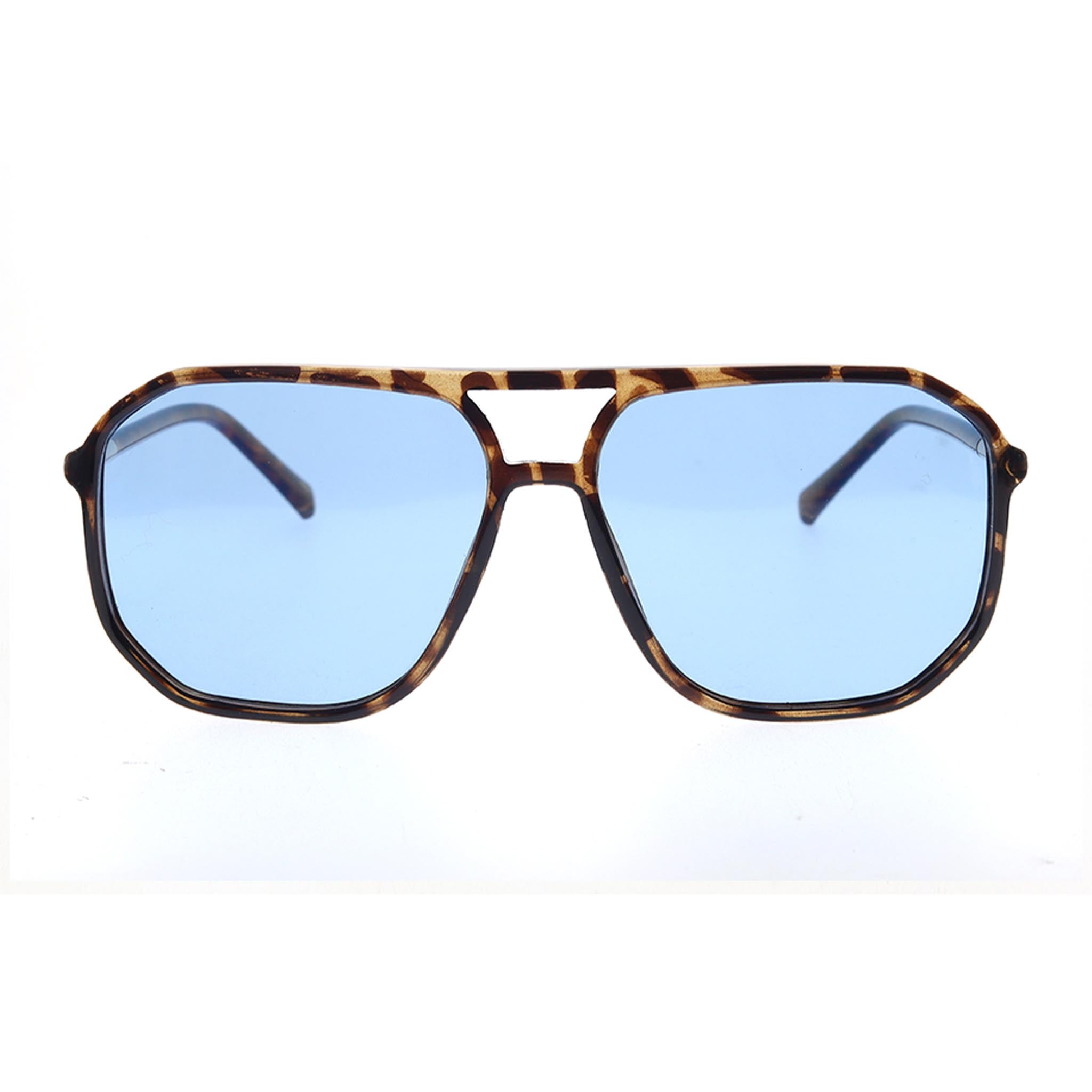 Sunglasses with tortoiseshell frame and blue lenses on a white background