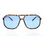 Sunglasses with tortoiseshell frame and blue lenses on a white background