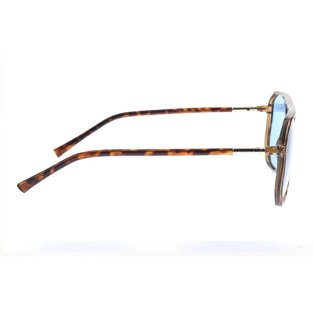 Sunglasses with blue lenses and tortoiseshell frame on a white background