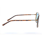 Sunglasses with blue lenses and tortoiseshell frame on a white background