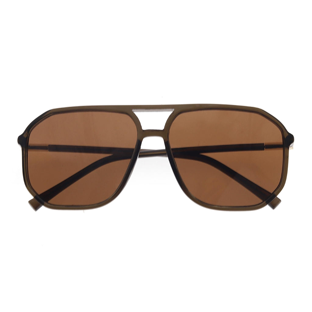 Sunglasses with brown frame and brown lenses, folded, on a white background