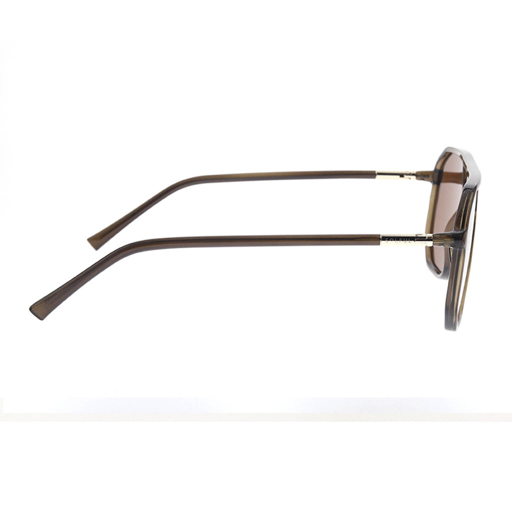Sunglasses with brown frame and dark lenses on a white background