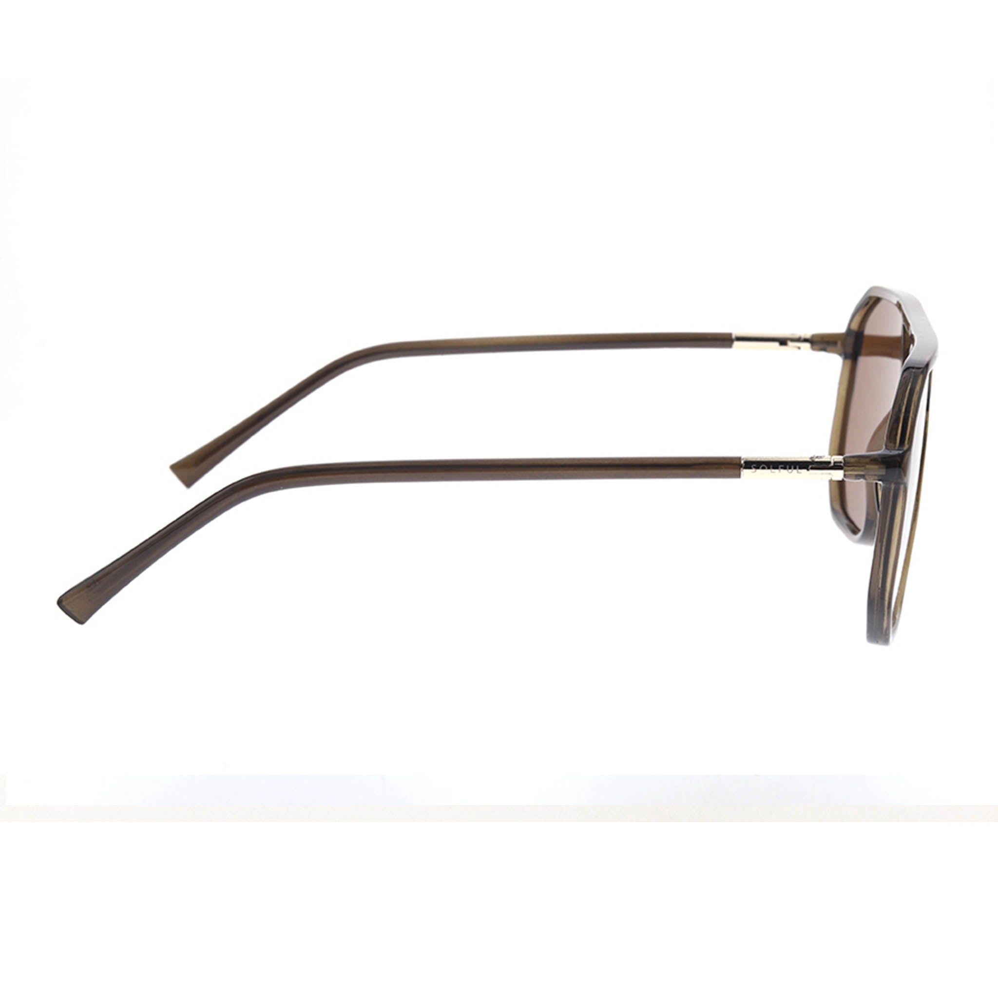 Sunglasses with brown frame and dark lenses on a white background