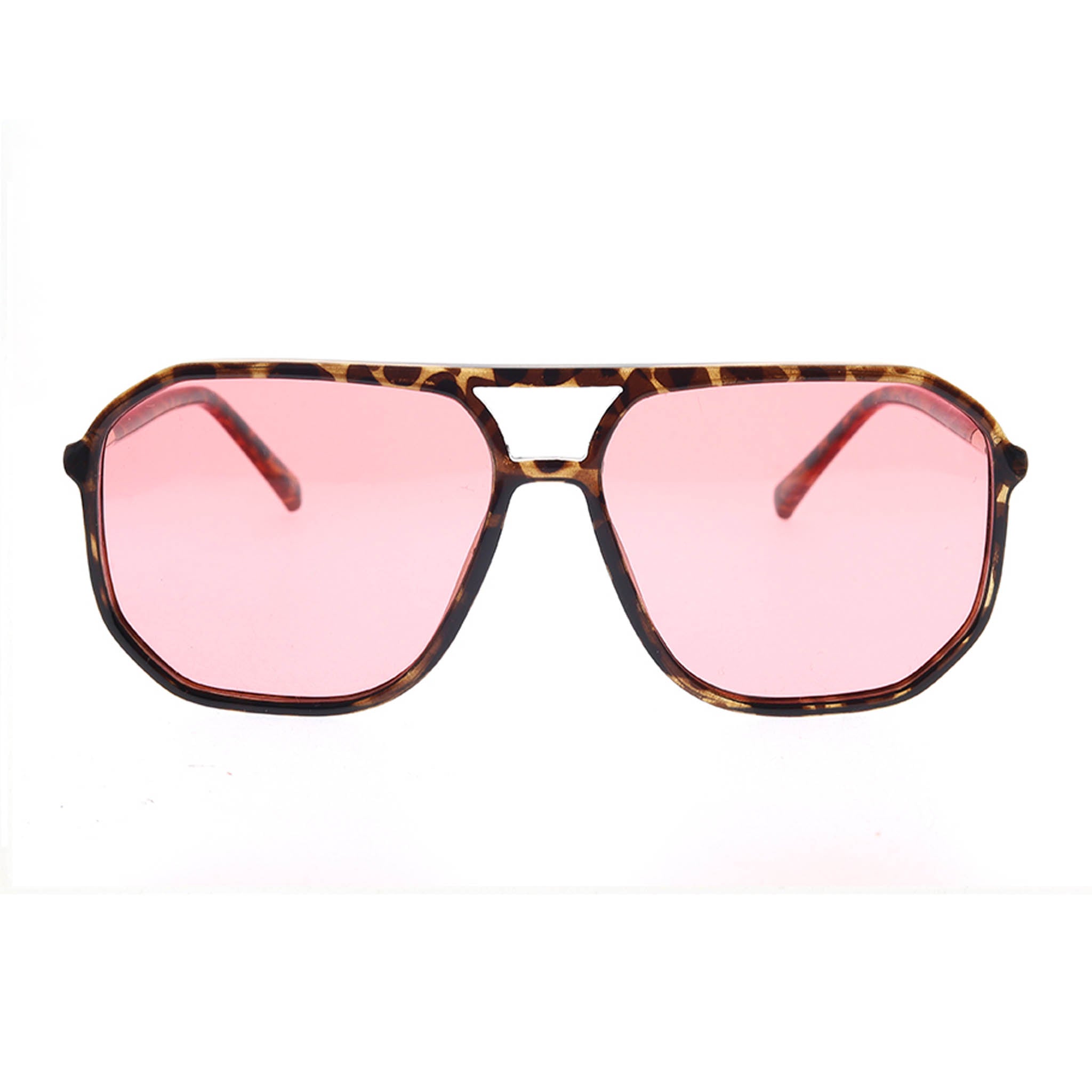 Sunglasses with tortoise print frame and pink lenses on a white background Main image