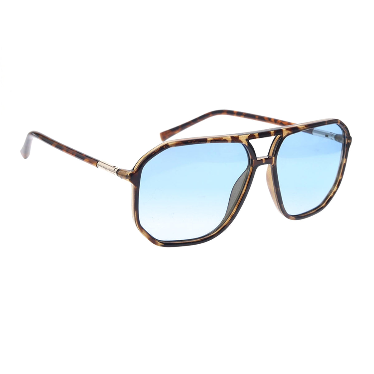 Sunglasses with tortoiseshell frame and blue lenses on a white background