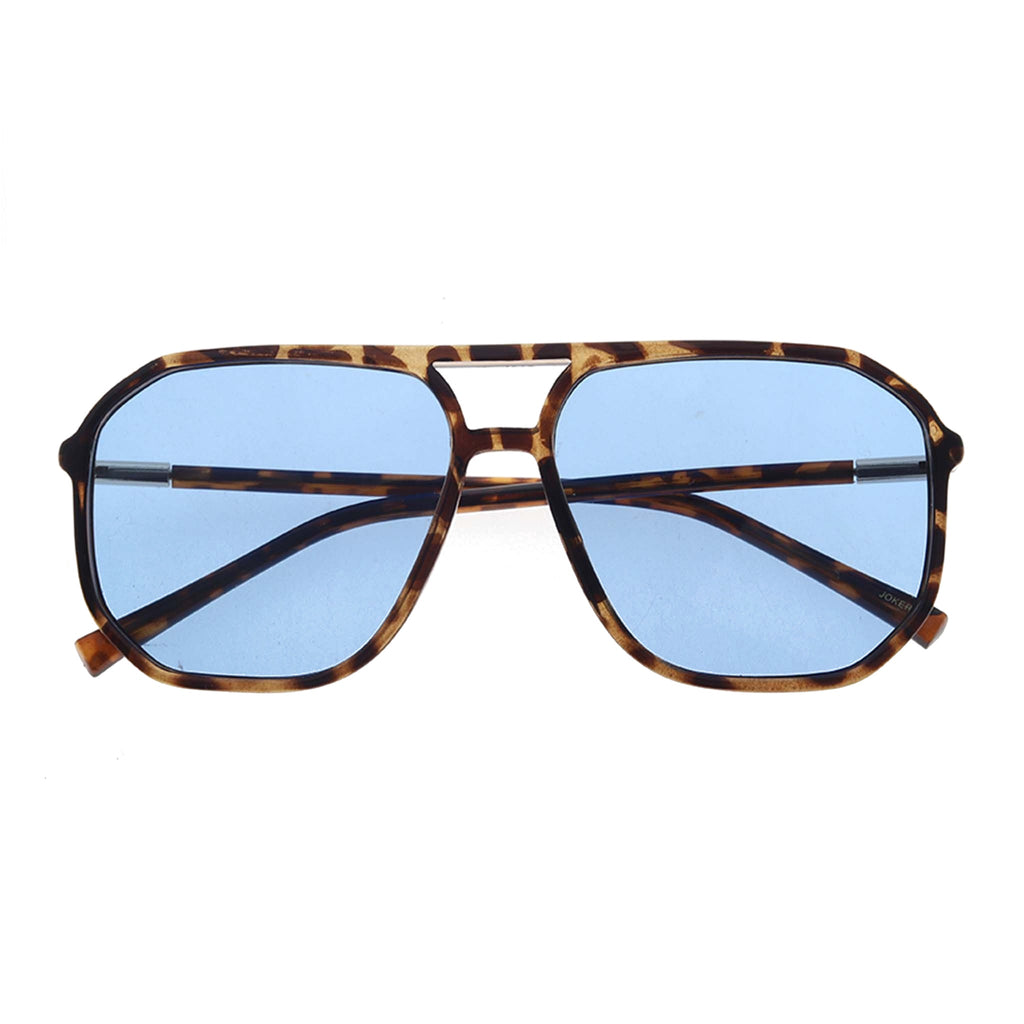 Sunglasses with tortoiseshell frame and blue lenses on a white background