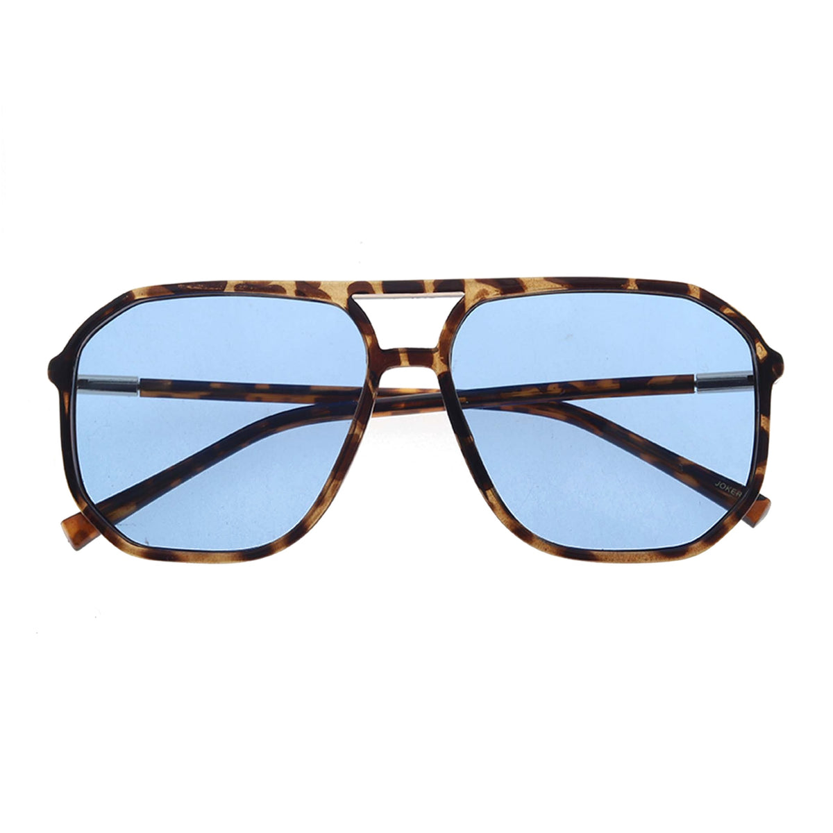 Sunglasses with tortoiseshell frame and blue lenses on a white background