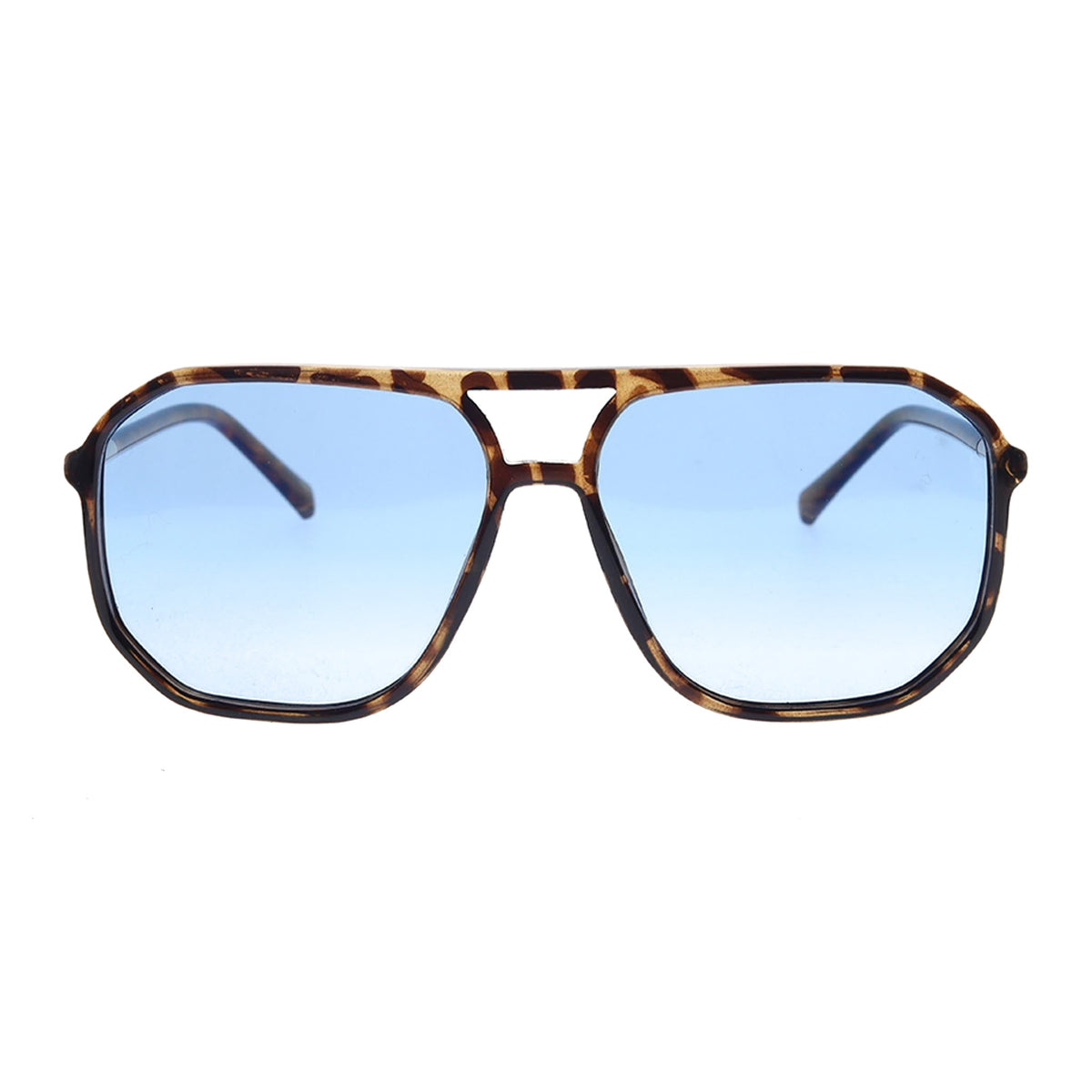 Sunglasses with tortoiseshell frame and blue lenses on a white background Main image