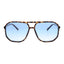 Sunglasses with tortoiseshell frame and blue lenses on a white background