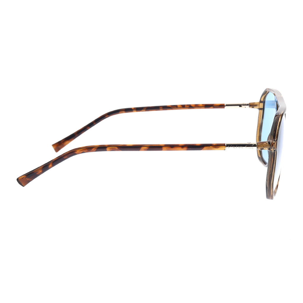 Sunglasses with blue lenses and tortoiseshell frame on a white background