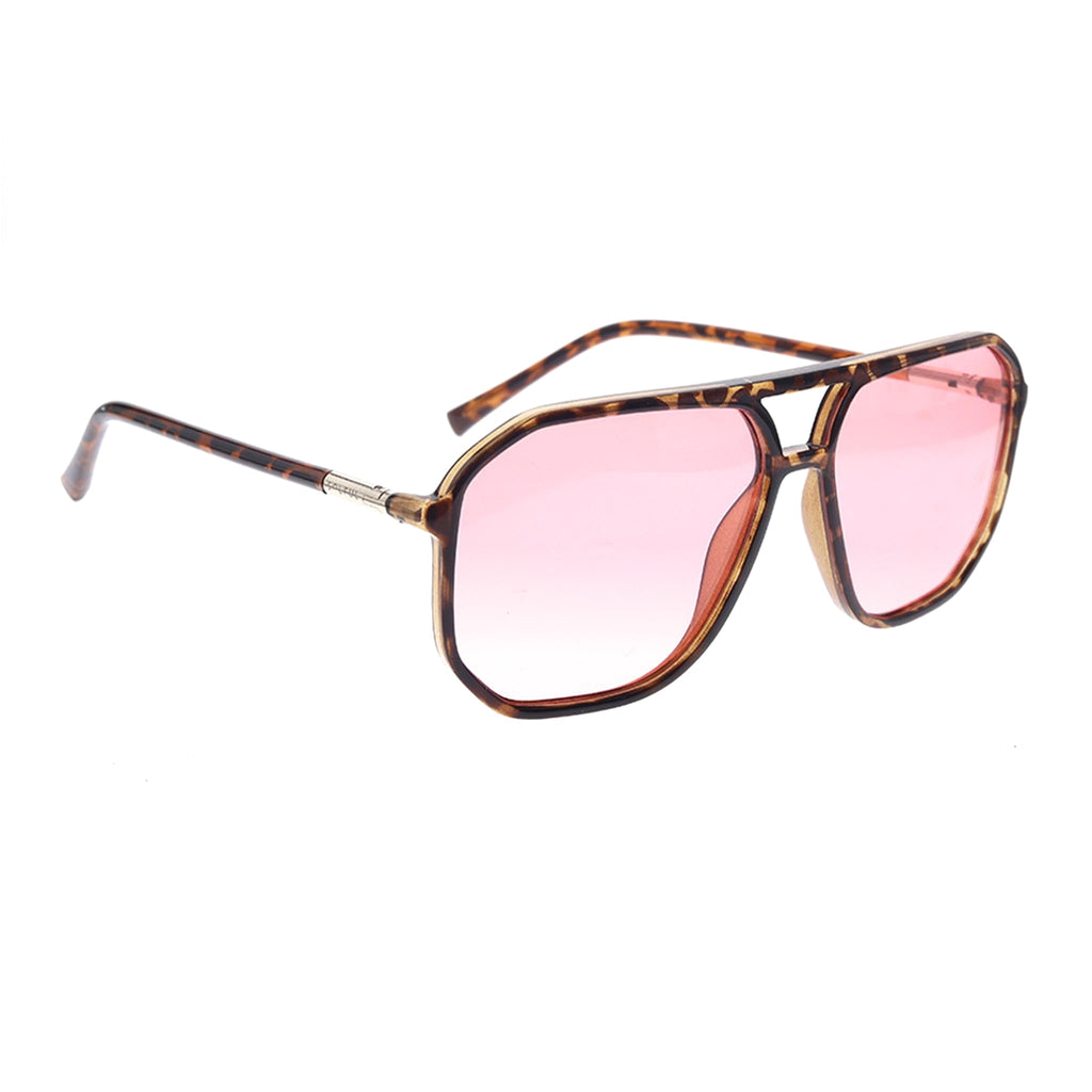 Sunglasses with tortoiseshell frame and pink lenses on a white background